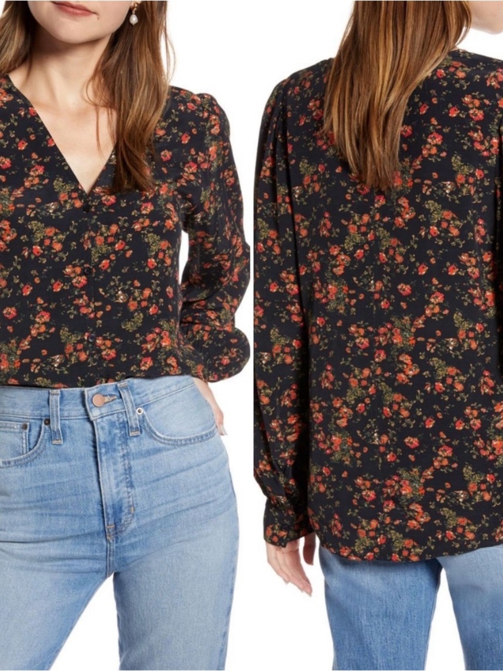 Something Navy Button-Down Blouse with Red Floral Print